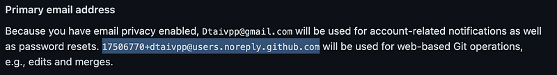 An image showing the no-reply email location from Github in the primary email address section.