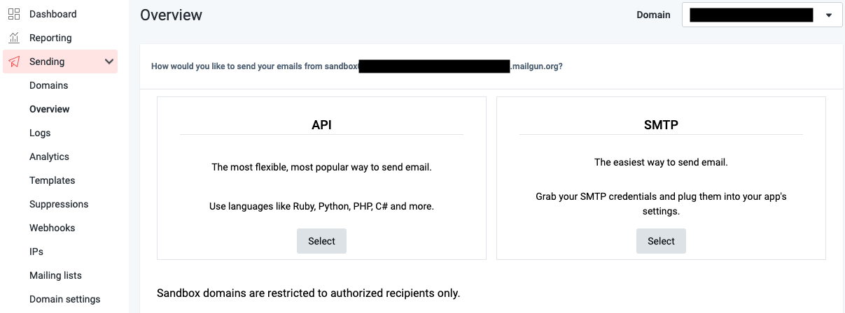 A view of the mailgun console with two options for sending. API and SMTP.